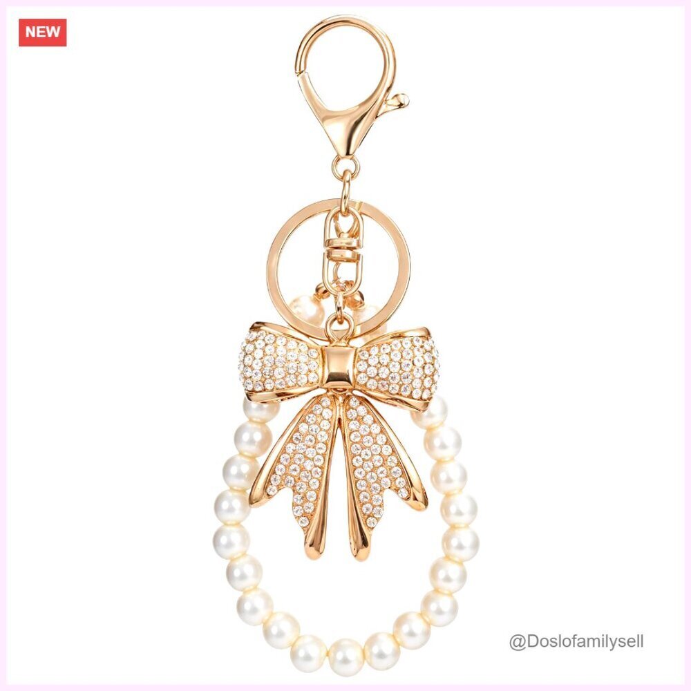 Rhinestone Bowknot Keychain with Imitation Pearl Chains for Handbags